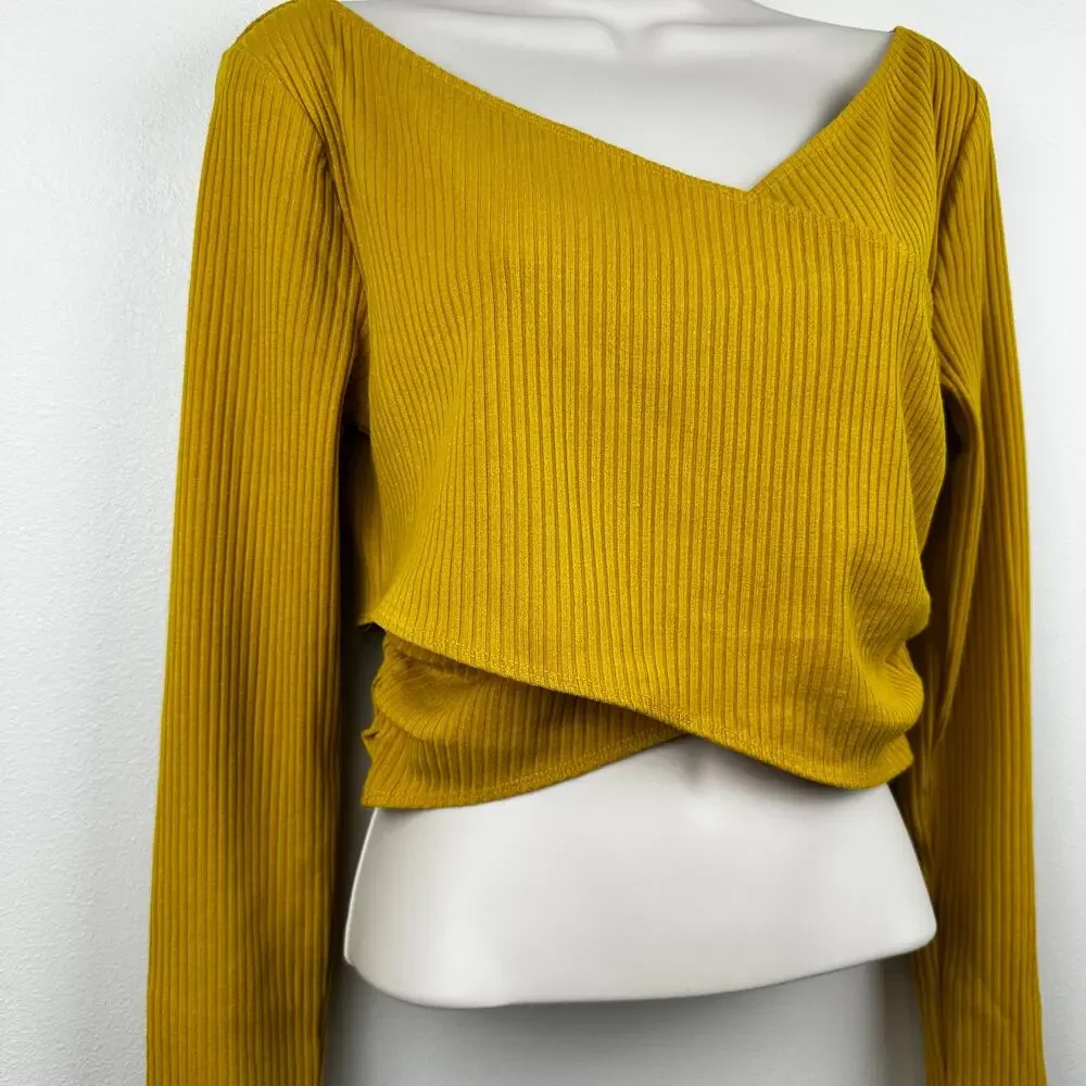 NEW Lovers + Friends Everly Top Ribbed Knit Crop Double V-Neck Mustard Yellow Lg